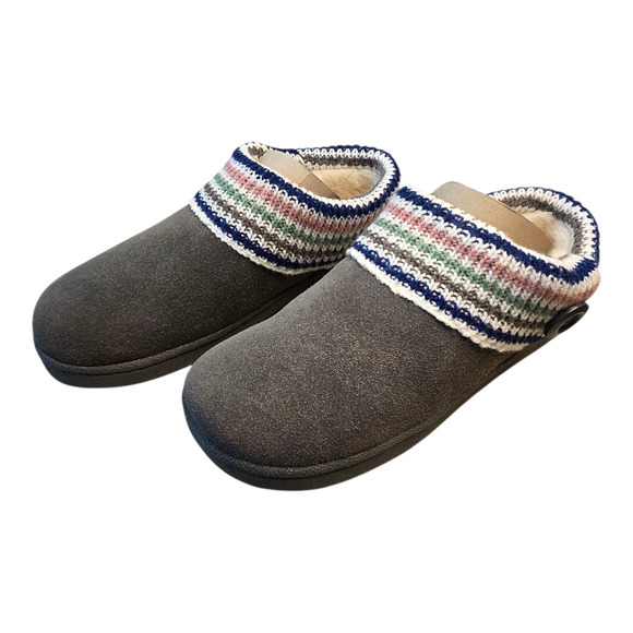 Clarks Slippers Womens Size 8M Gray Suede Sweater Trim Slip On Faux Fur Cozycore - Picture 3 of 12